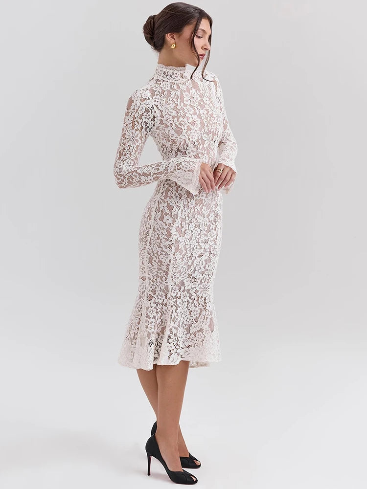 Bianca Lace High-Neck Long-Sleeve Midi Dress