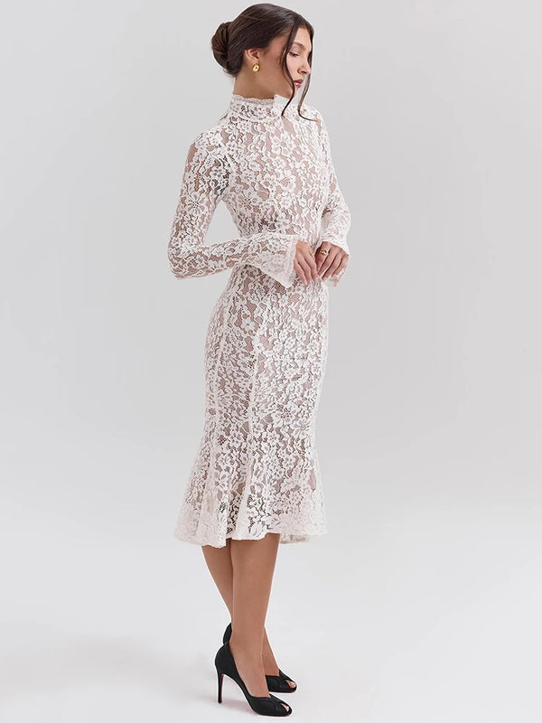 Bianca Lace High-Neck Long-Sleeve Midi Dress