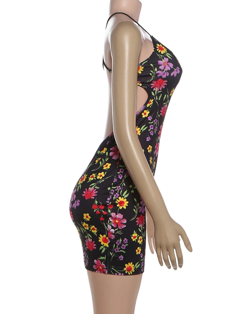 Kliou Flower Print Mini Dress Woman Low-Neck Cross Bandage Backless Sleeveless Skinny Peach Hip Hot Girls Street Style Bodycon