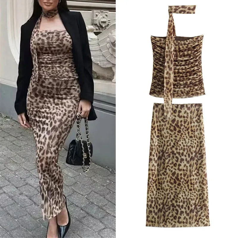 Nahara Leopard Ruched Bandeau Top & Midi Skirt Separates