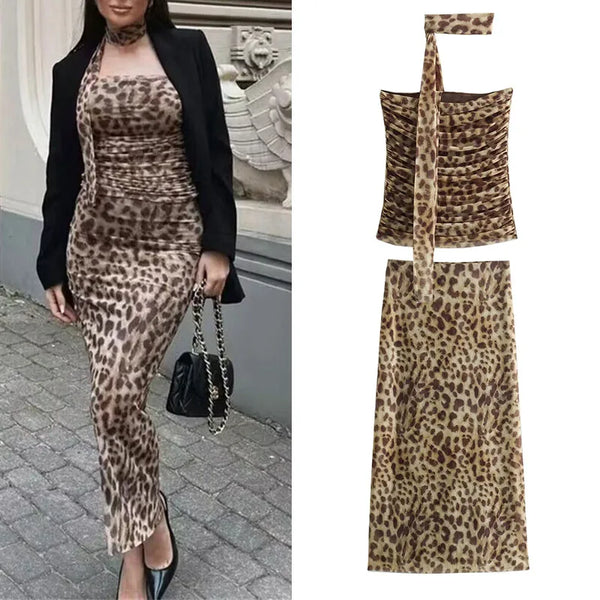Nahara Leopard Ruched Bandeau Top & Midi Skirt Separates