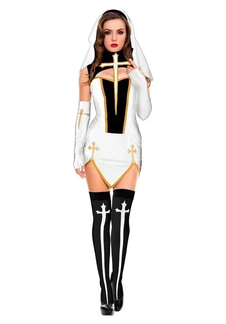 Benedetta Nun Cosplay Costume Set with Headpiece, Gloves & Stockings