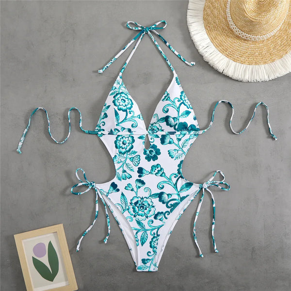 Ingrith Vintage Floral String Halter Cutout Backless One-Piece Swimsuit