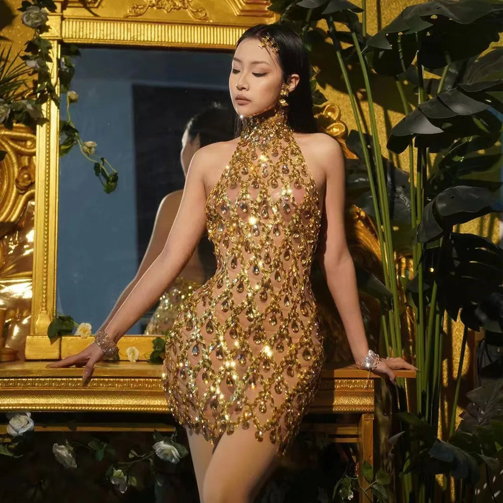 Selena Crystal Sheer Bodycon Halter Mini Dress