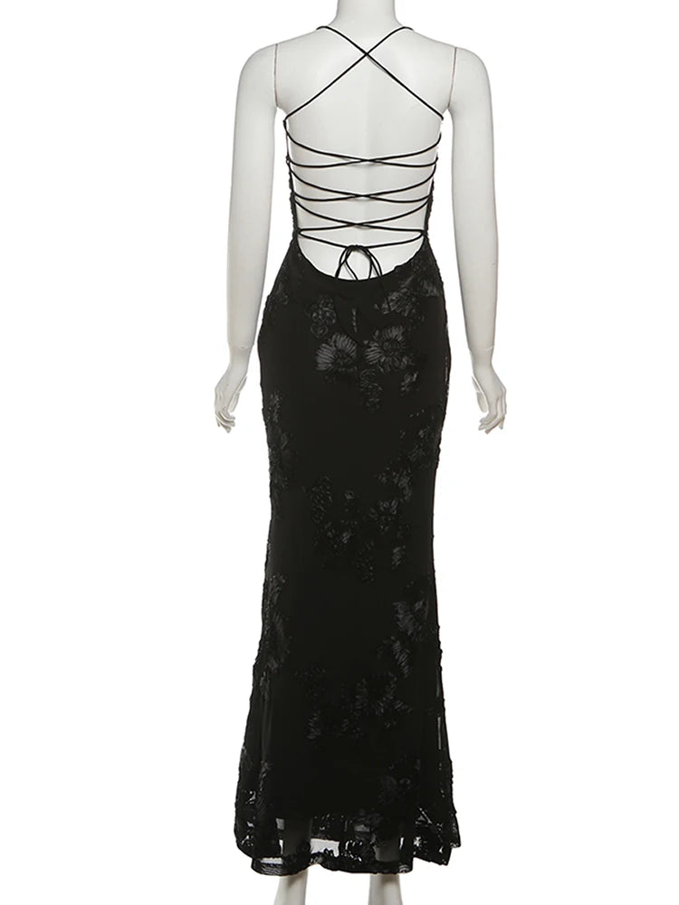 Isabella Spaghetti Strap Floral Embroidered Bodycon Maxi Dress