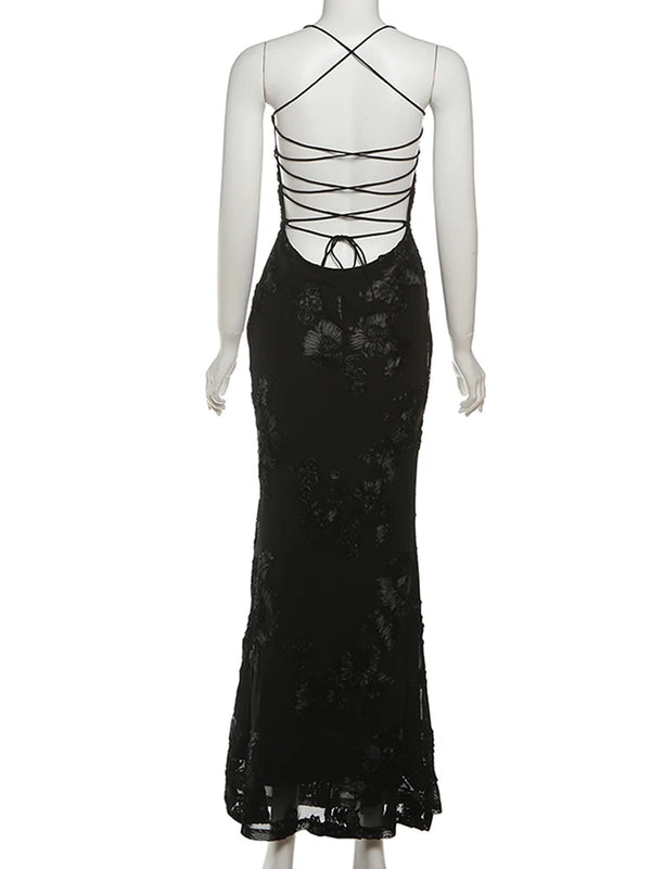 Isabella Spaghetti Strap Floral Embroidered Bodycon Maxi Dress