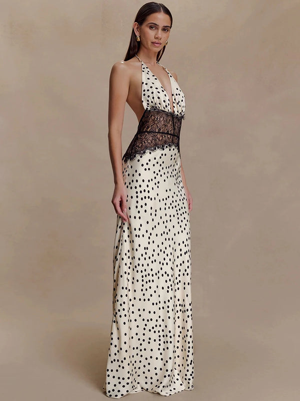 Cecelia Noir Lace Polka Halter Maxi Dress