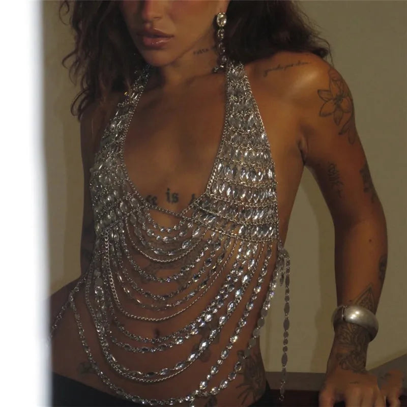 Women Rhinestone Halter Body Top Deep V Open Back Multi Layer Fringe Tassel Crystal Chain Crop Vest Nightclub Rave Jewelry Top