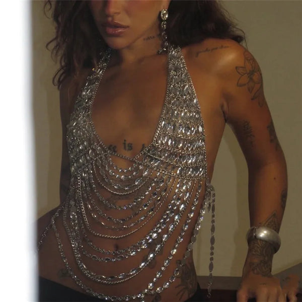 Women Rhinestone Halter Body Top Deep V Open Back Multi Layer Fringe Tassel Crystal Chain Crop Vest Nightclub Rave Jewelry Top