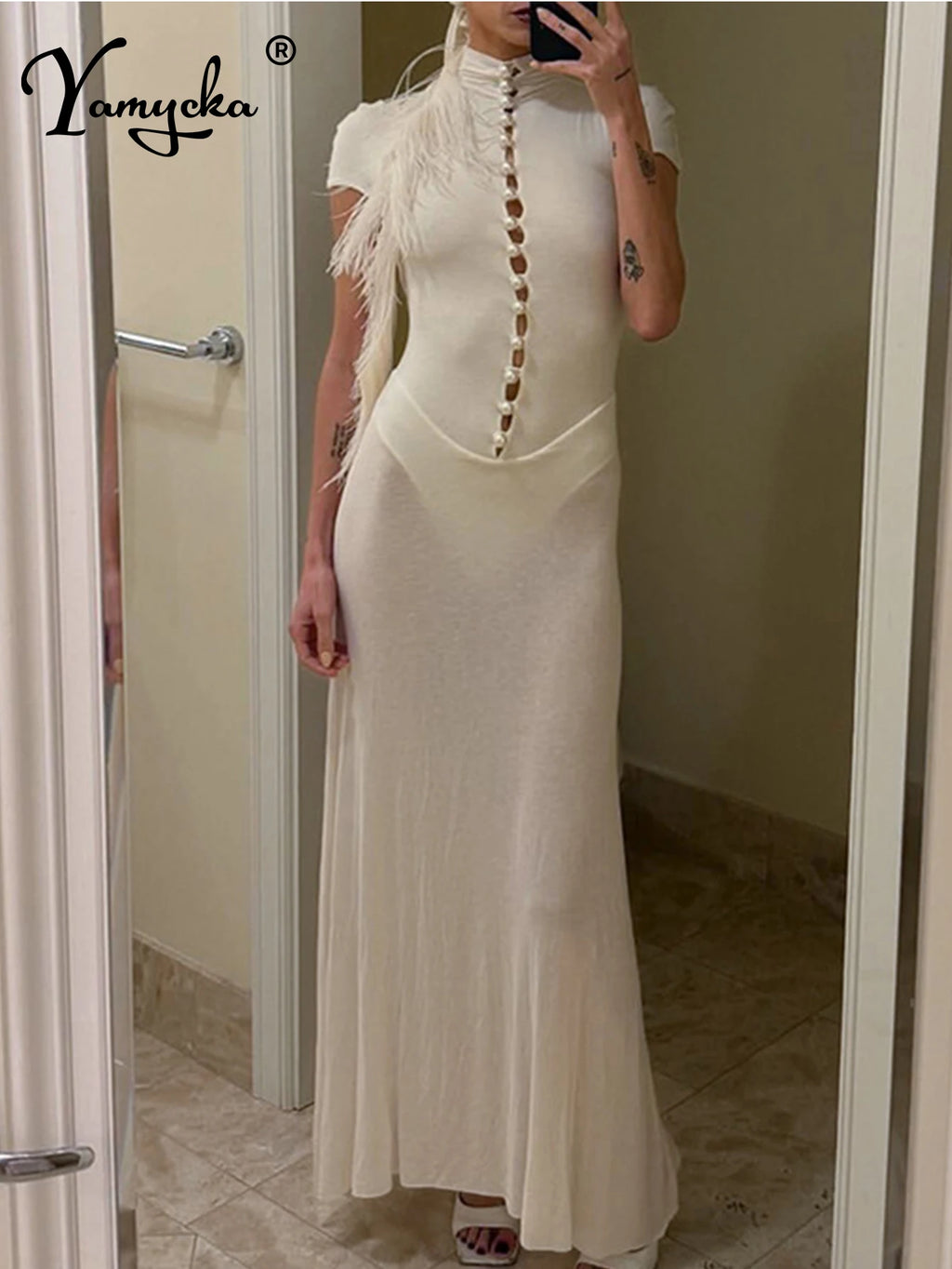Adelina Sheer-Panel Button Bodycon Maxi Dress
