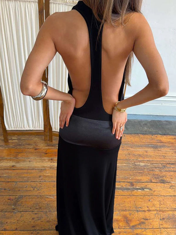 Selene Satin Deep-V Backless Maxi Dress