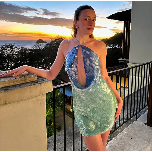 Women Y2K Sequin Beaded Halter Dress Sexy Sparkly Embellished Rhinestone Mini Dress Glitter Backless Shining Clubwear