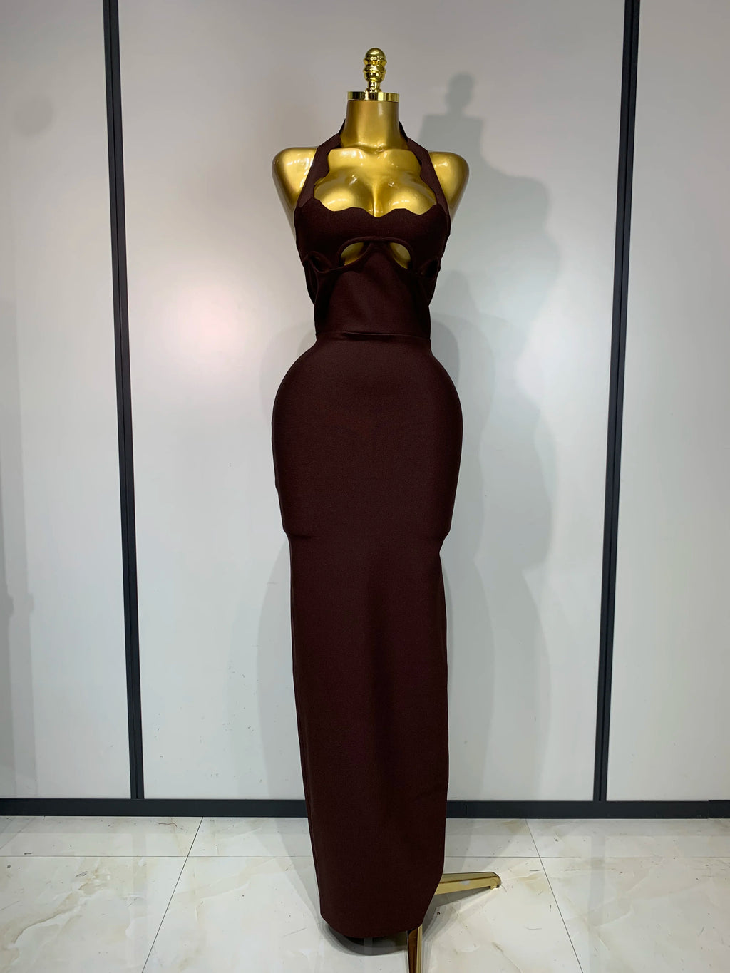 Ornella Scalloped Cutout Halter Bandage Maxi Dress