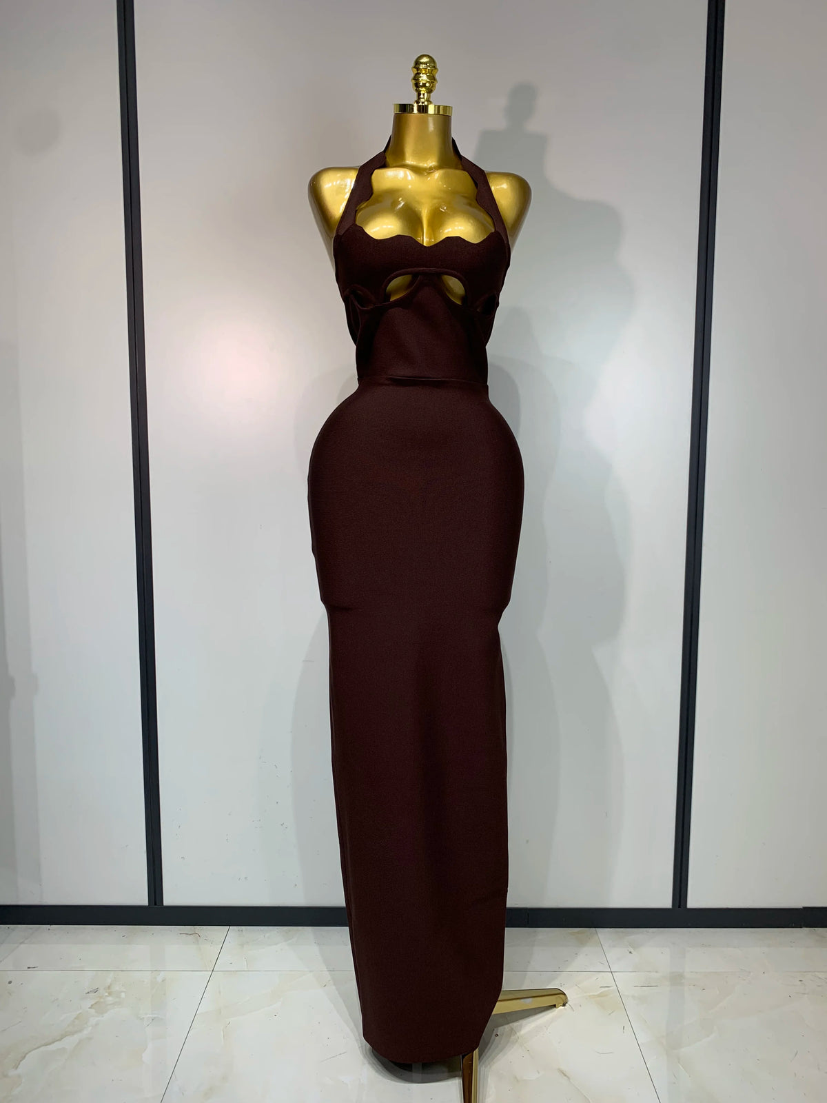 Ornella Scalloped Cutout Halter Bandage Maxi Dress