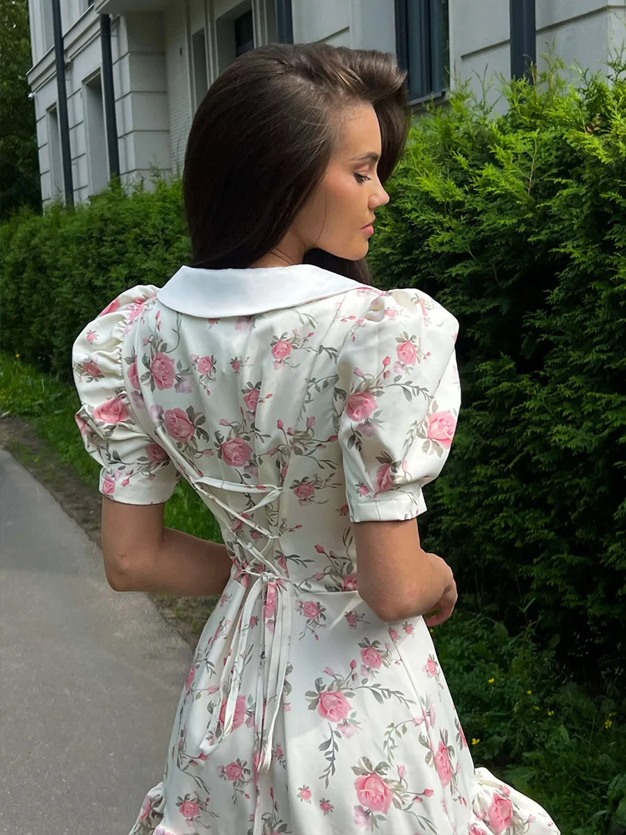 Gisella Floral Collared Puff-Sleeve Pearl-Button Ruffle Mini Dress