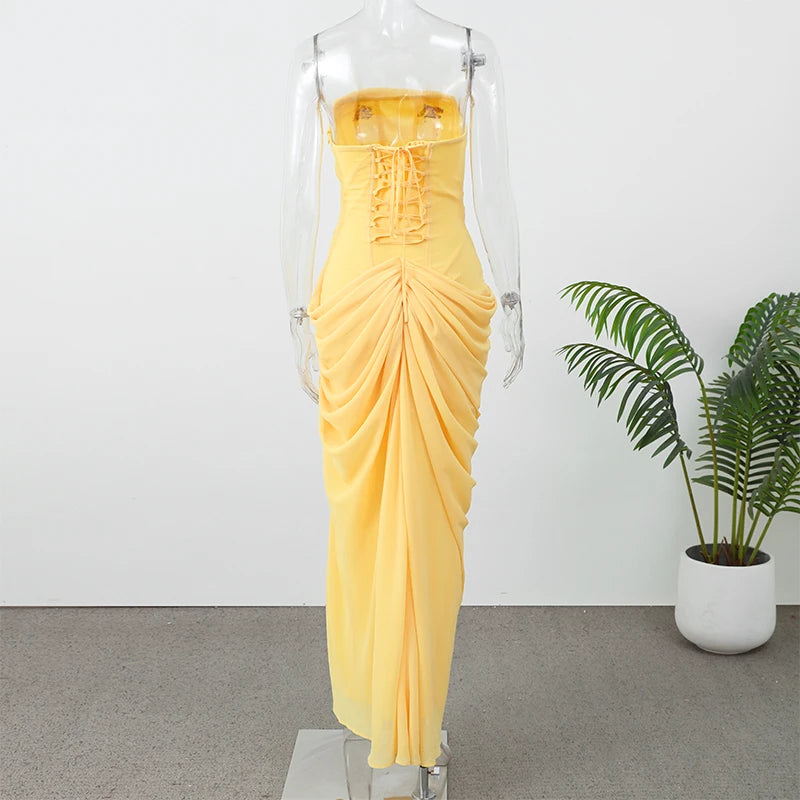 Marisol Strapless Pleated Split Maxi Dress