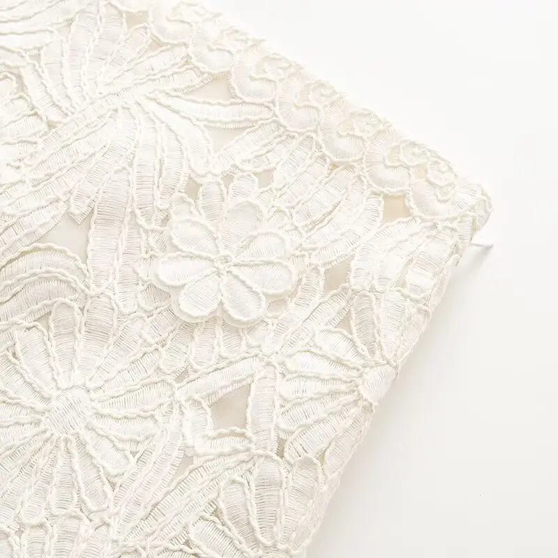 Evangelina Embroidered Lace Bell-Sleeve Tie-Neck Blouse & Mini Skirt Two-piece