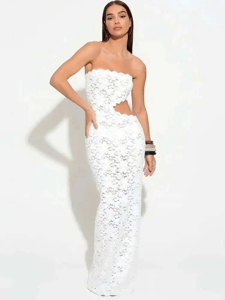 Isolde White Lace Hollow-Out Strapless Maxi Dress
