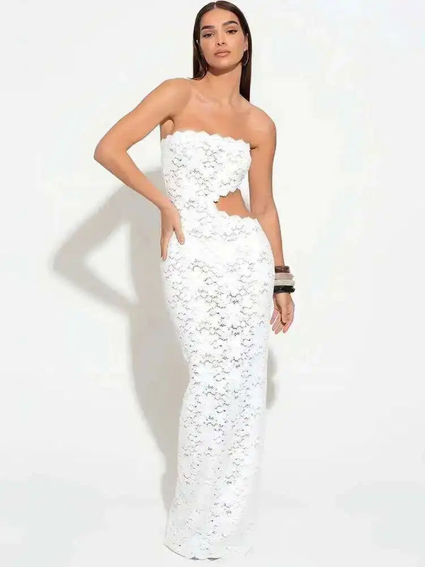 Isolde White Lace Hollow-Out Strapless Maxi Dress