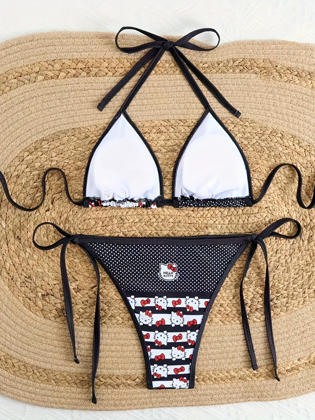 Hello Kitty Women's Bikini Set, Cute Cartoon Print Halter Tie Side Swimsuit, 2 Piece Bathing Suit for Summer Beach