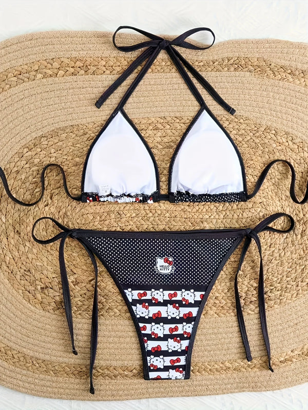 Hello Kitty Women's Bikini Set, Cute Cartoon Print Halter Tie Side Swimsuit, 2 Piece Bathing Suit for Summer Beach
