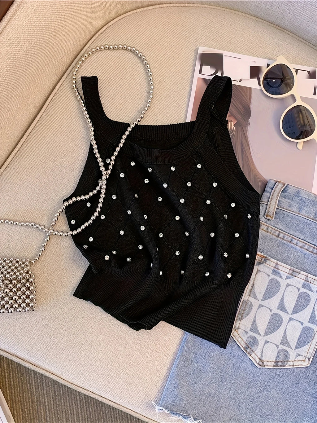 Aveline Rhinestone Eyelet Crop Tank Top One-piece