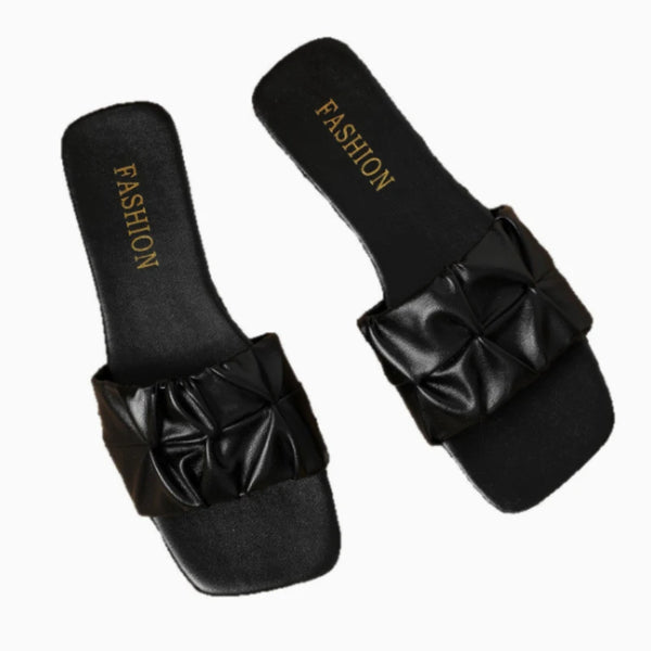Paulette Ruched Square-Toe Flat Slide Sandals