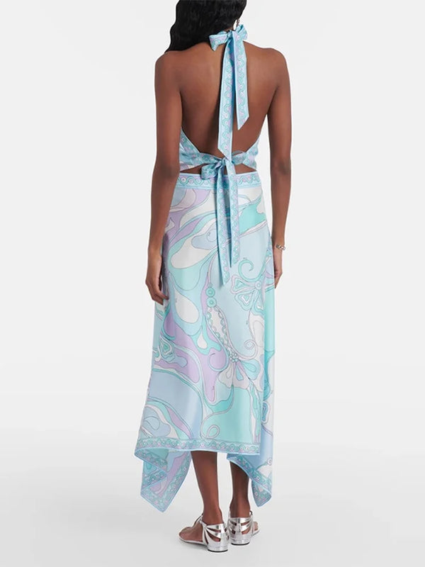Ermengarde Print Halter Bow Backless Top & Long Skirt Set