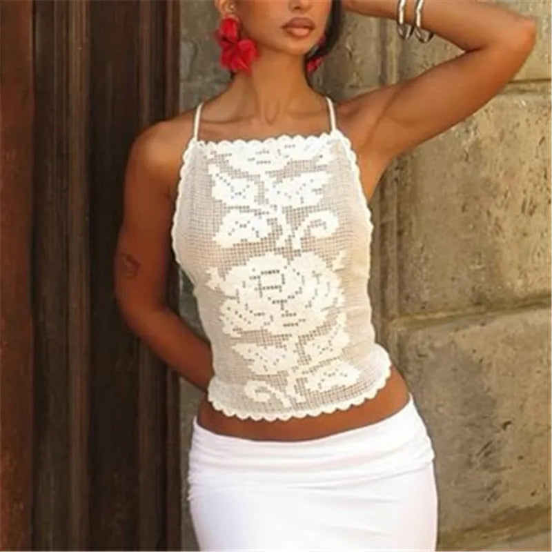 Bree Boho Crochet Floral Halter Open-Back Cami Top