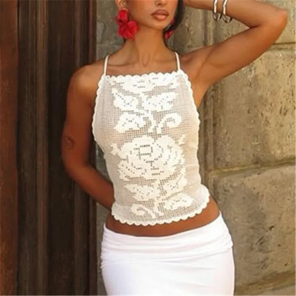 Bree Boho Crochet Floral Halter Open-Back Cami Top