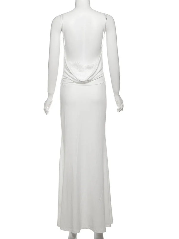 Elowen White Ruched Mesh Backless Maxi Dress