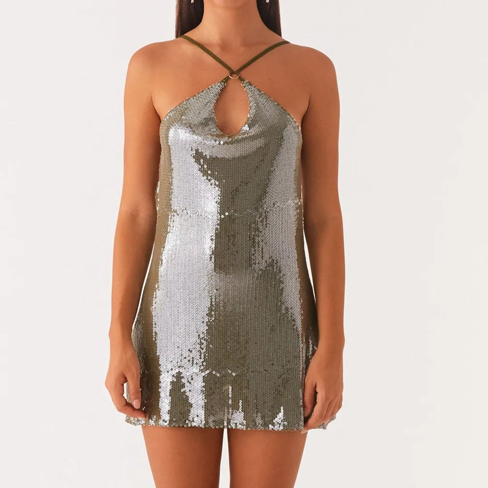 hirigin Women's Glitter Y2K Sequin Bodycon Mini Dress Front Circle Ring Criss Cross Sparkly Dress Open Back Short Dress Clubwear