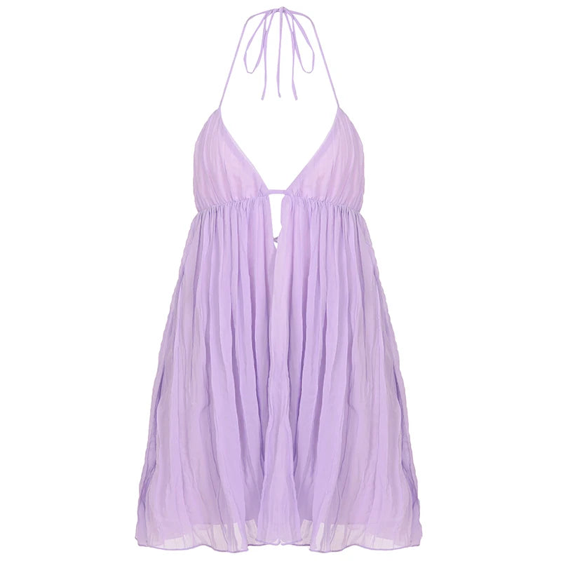 Elysia Purple Chiffon Backless Halter Mini Dress