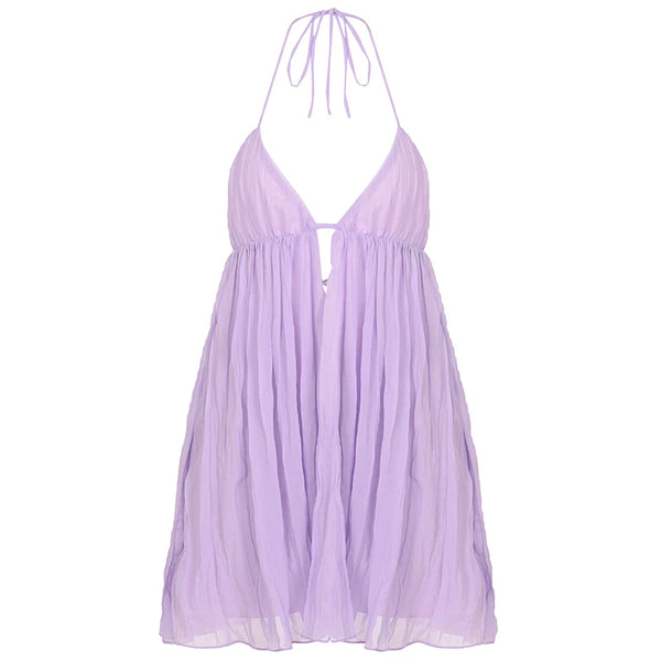 Elysia Purple Chiffon Backless Halter Mini Dress