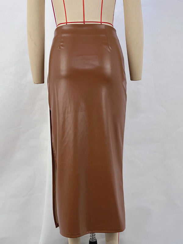 Vespera High-Waist PU Asymmetrical Maxi Skirt One-piece