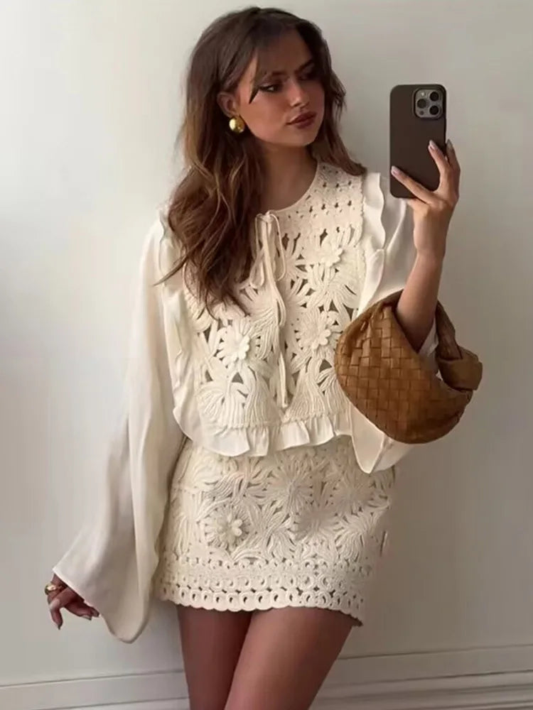 Evangelina Embroidered Lace Bell-Sleeve Tie-Neck Blouse & Mini Skirt Two-piece