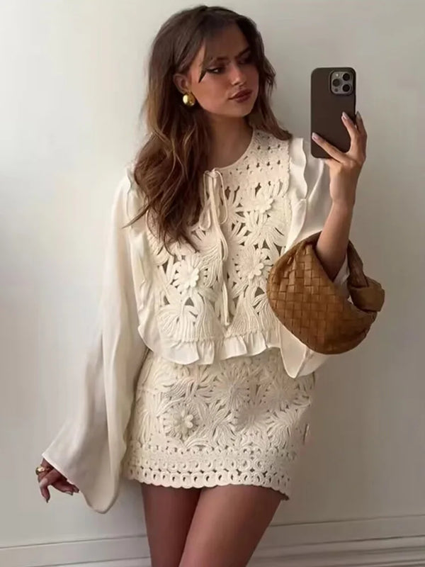 Evangelina Embroidered Lace Bell-Sleeve Tie-Neck Blouse & Mini Skirt Two-piece