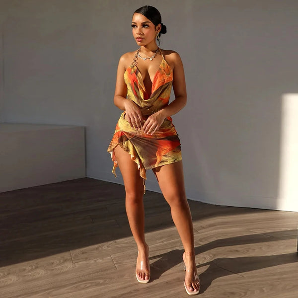 Eliana Scenery-Print Halter Ruffle Mini Dress