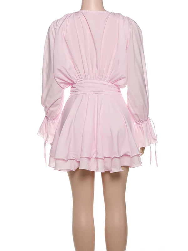 Gwendolen 3D Rose Ruched Flare-Sleeve Bodycon Mini Dress