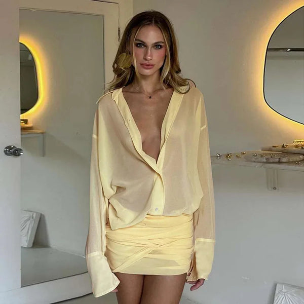 Camille Sheer Lapel Flare-Sleeve Ruched Mini Dress