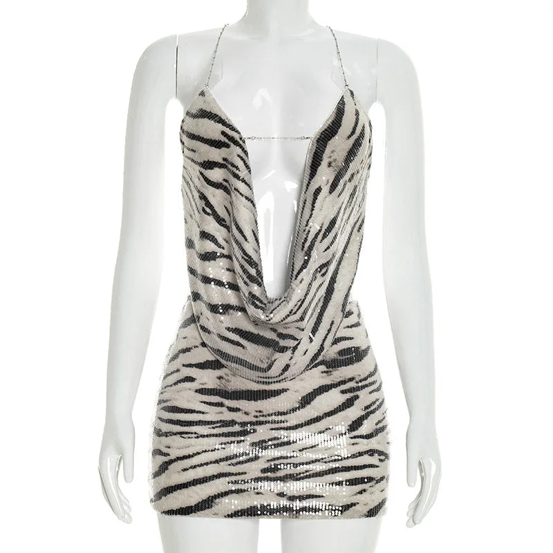 Zahara Zebra-Sequin Backless Mini Skirt Set Two-piece
