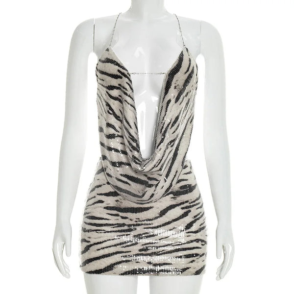 Zahara Zebra-Sequin Backless Mini Skirt Set Two-piece