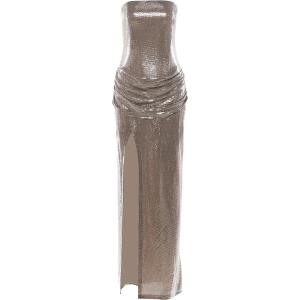 Theodosia Strapless Sequin Ruched Slit Maxi Gown
