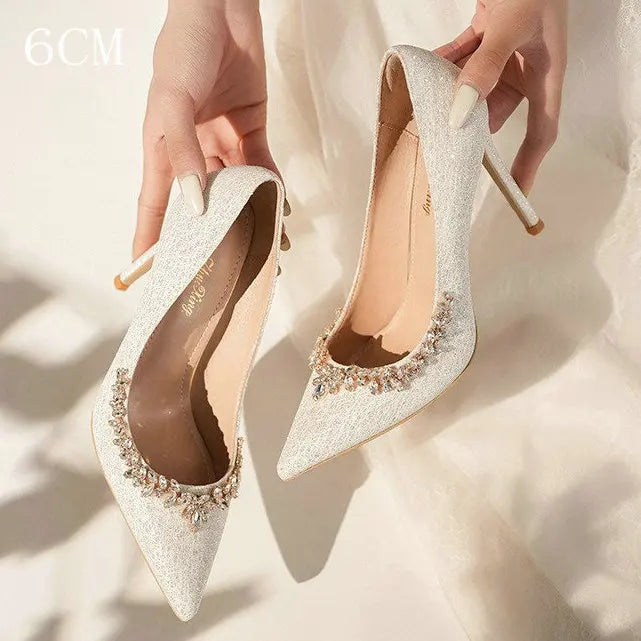 2025 New French Stiletto Heels Pointy Head Shallow Mouth Shoes Rhinodiamond-Edged Korean Version White Crystal Wedding Pumps
