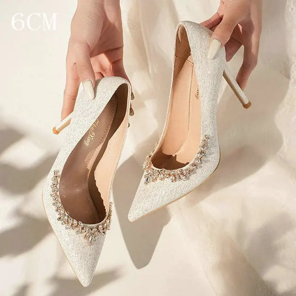 2025 New French Stiletto Heels Pointy Head Shallow Mouth Shoes Rhinodiamond-Edged Korean Version White Crystal Wedding Pumps