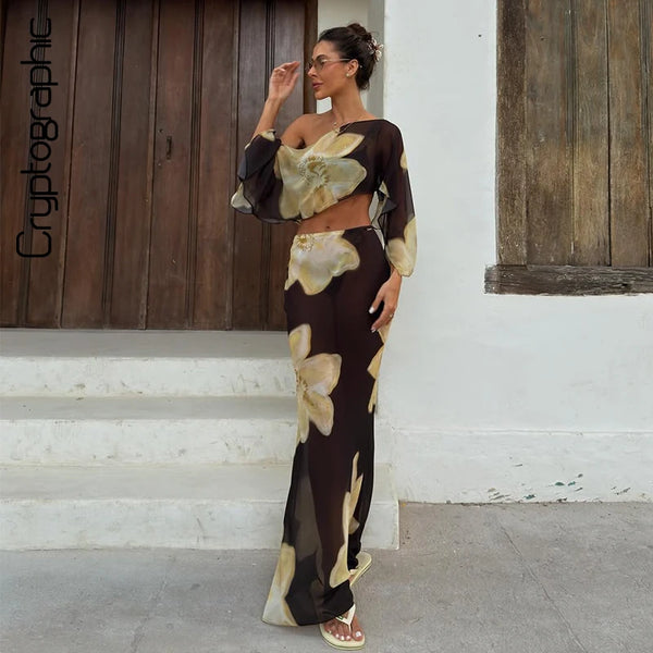Magnolia Floral Chiffon Off-Shoulder Maxi Skirt Set Two-piece