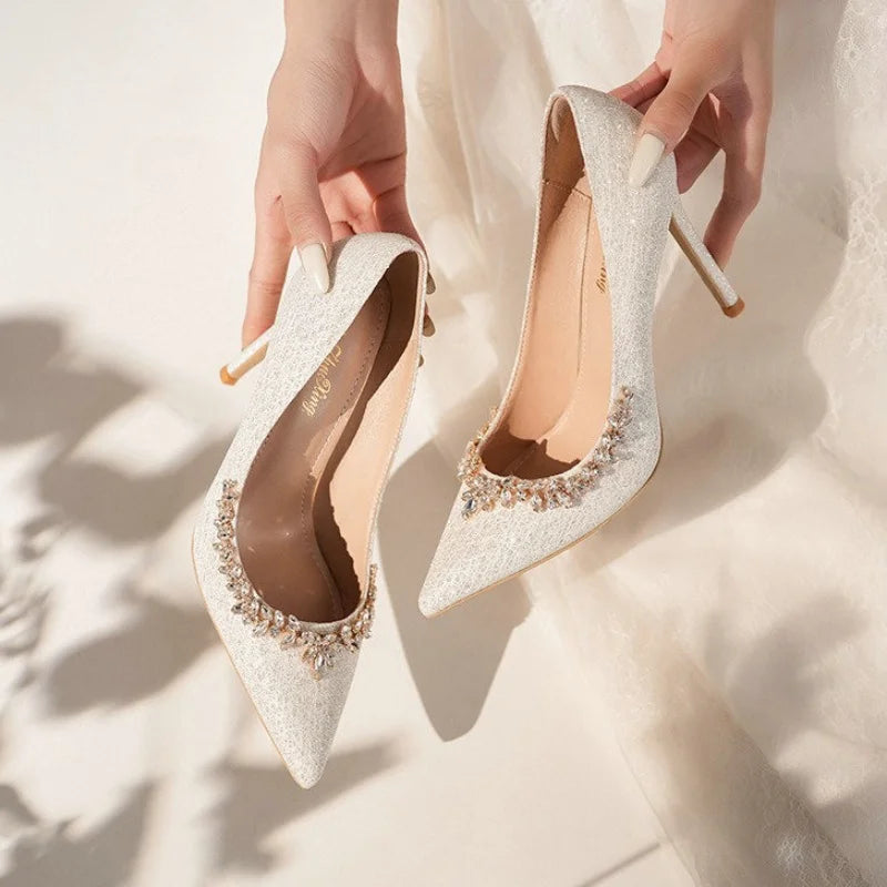 2025 New French Stiletto Heels Pointy Head Shallow Mouth Shoes Rhinodiamond-Edged Korean Version White Crystal Wedding Pumps