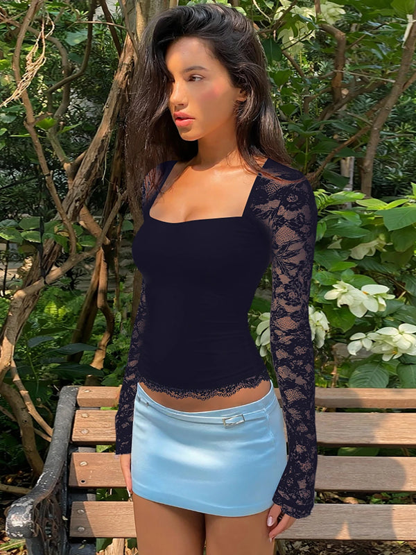 Isabella Midnight Lace Long Sleeve Square Neck Top