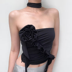 Xeemilo Y2K Strapless Ruffles Tube Tank Top Sexy Solid Pleated Bandage Backless Crop Tops Women Streetwear Cute Vintage Camisole
