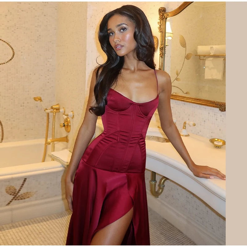 Delphinia Satin Corset Cami Asymmetric Slit Midi Dress